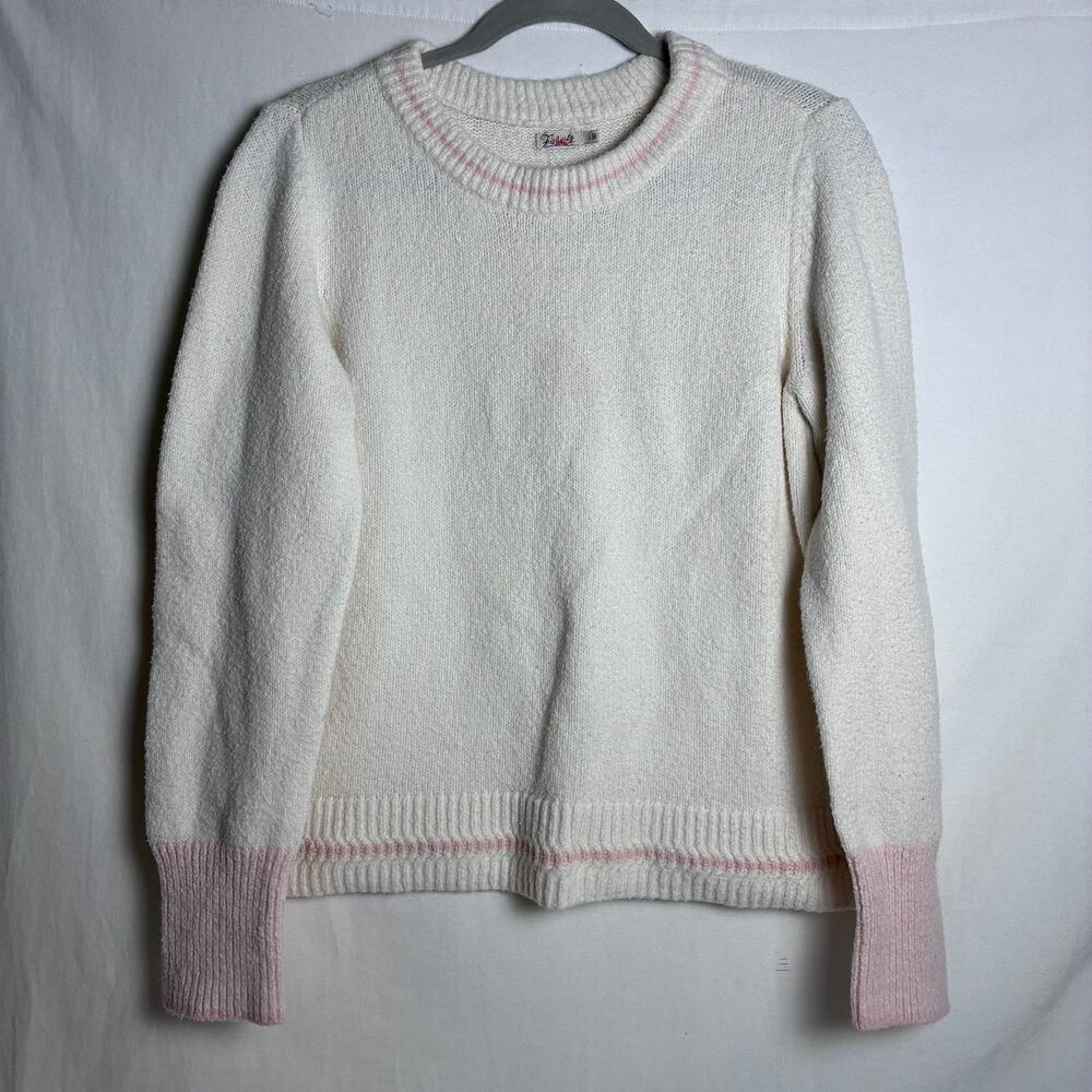 Faherty Organic Cotton Knit Crewneck Sweater Cream Pink Cuffs Trim Stripe Large